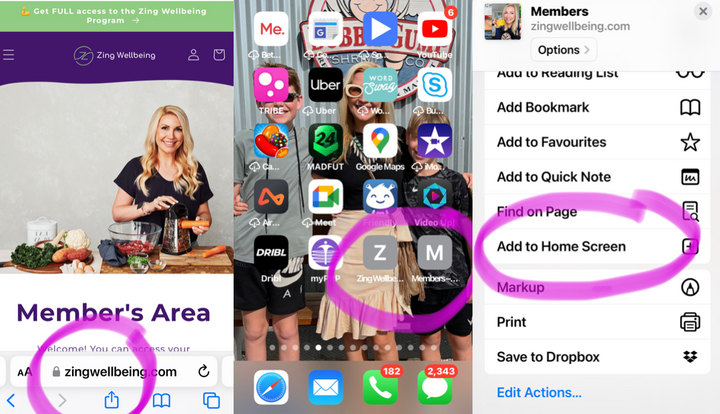 Adding to your mobile home screen and tech help when using Zing Wellbeing