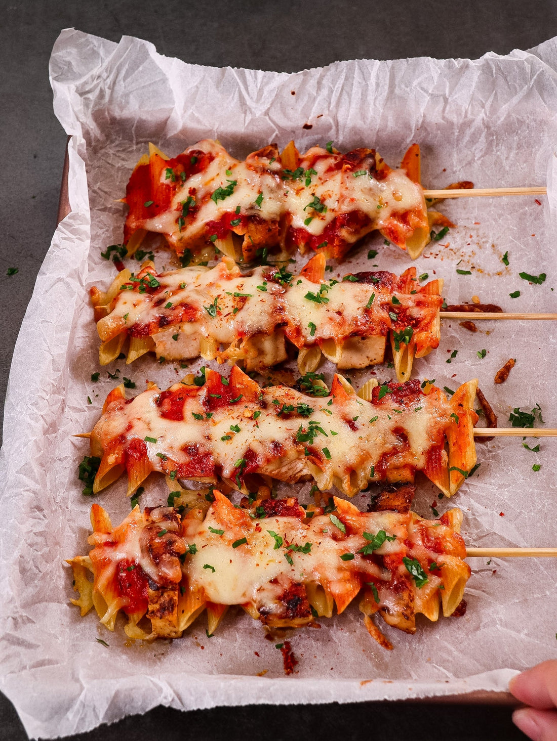 Chicken Parmi Pasta Skewers