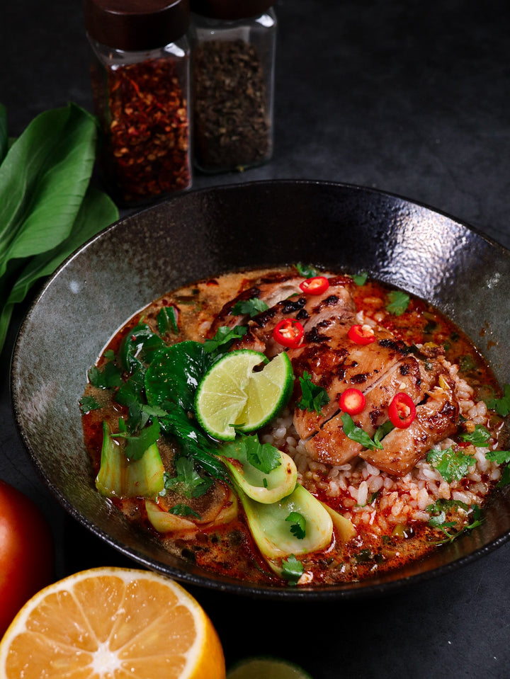 Coconut lime chilli chicken rice broth to support gut health