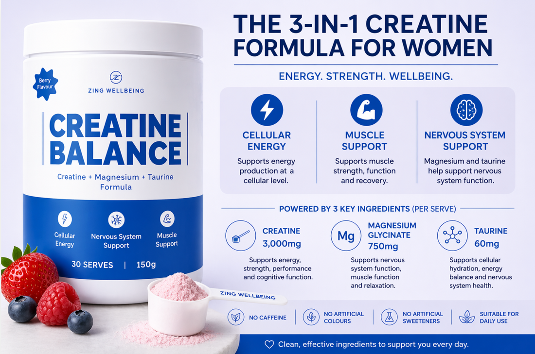Creatine for women: Why we created Zing Wellbeing Creatine Balance™ (and why it’s a game changer for energy, strength and wellbeing)