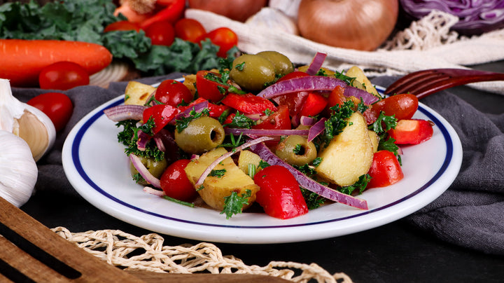 Potato salad with olives & miso dressing